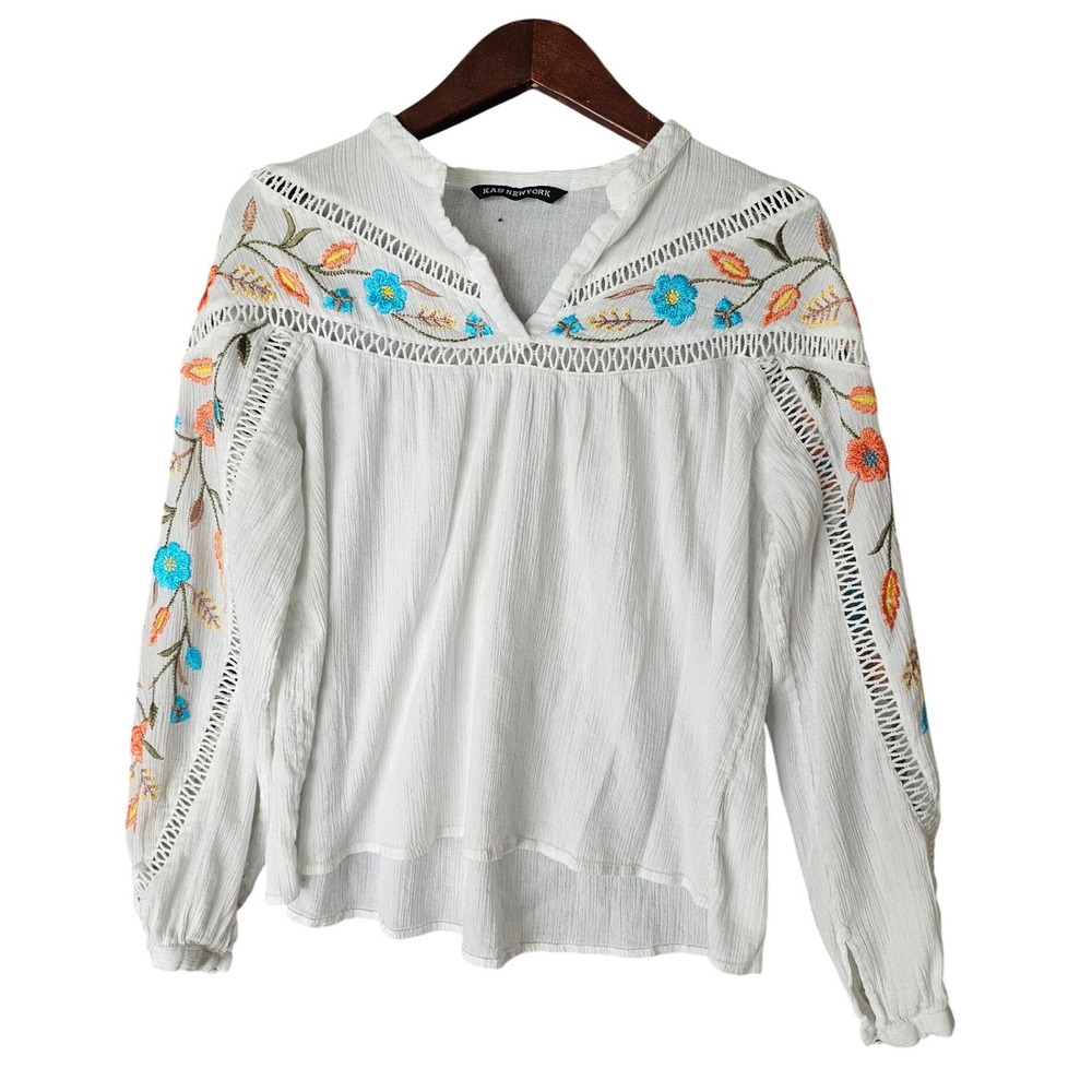 KAS New York Floral Embroidered White Peasant Gauze Blouse Long Sleeve Size‎ S